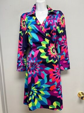 Julie Brown NYC Colorful Abstract Print Wrap Dress Collared Knee Length XL
